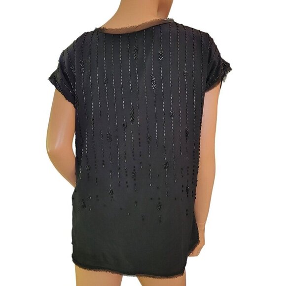 Eileen Fisher Womens Silk Top Size Medium Beaded Blouse Black Arrow Design Shirt - Picture 3 of 16